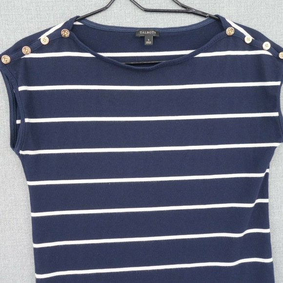 Talbots Shirt Womens Small Blue Striped Button Shoulder Short Sleeve Stretch - Picture 2 of 10